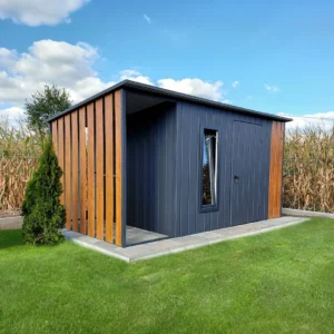 Vrtna hiška 3,5x2,5 m + nadstrešek 1x2,5 m - temno grafitna mat/ svetli zlati hrast