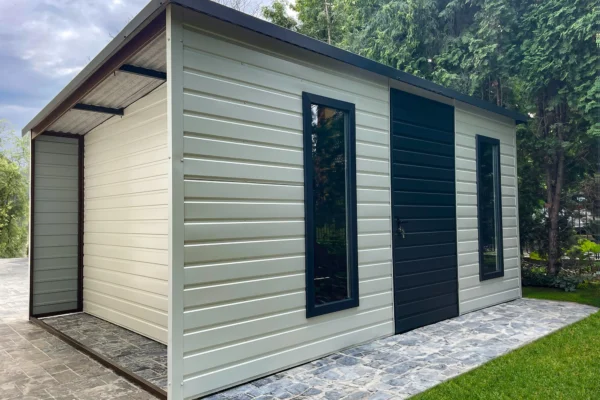 Vrtna hiška 4x3 m + nadstrešek 0,5x3 m - bela/ temni grafit mat